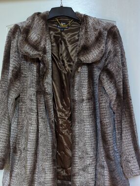 Dennis Basso Plush Faux Fur Coat in Taupe Brown